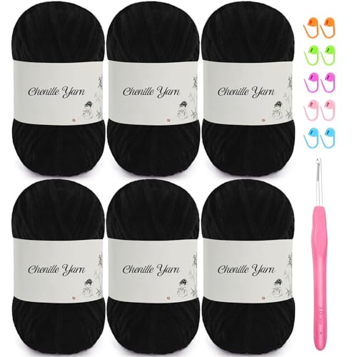 6 Pack of 1.76oz Chenille Yarn for Crocheting,60yards Soft Fluffy Velvet Yarn, Ideal Crochet for DIY Baby Blankets Toys Scarves Throw Pillows Hats Cushions(Black) - color: Black