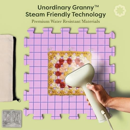 Unordinary Granny® Crochet Blocking Set-9Pc Extra Thick 12x12 Interlocking EVA Foam Mats with Grid, 150 T-Pins, Felt Storage Bag and Cotton Pouch, Blush Pink - color: Blush Pink