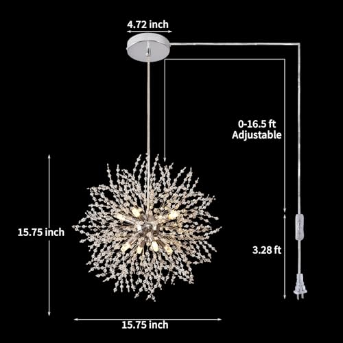 Plug in Crystal Chandeliers Firework, Dandelion Chandelier Modern, Gold Sputnik Pendant Light, 8 Light Hanging Ceiling Light Fixture G9 Socket for Dining Room Kitchen Bedroom Foyer Hallway Entryway - color: Gold
