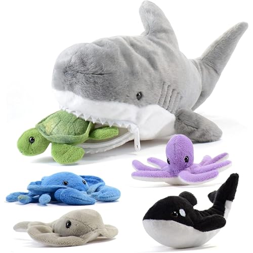 PREXTEX Plush Toy Shark Stuffed Animal with 5 Sea Animals - Shark Plush Toy with Turtle, Whale, Octopus, Stingray, Crab - Giant Stuffed Animals for Kids Aged 3 and Up - Fun Gift for Sea Animal Lovers