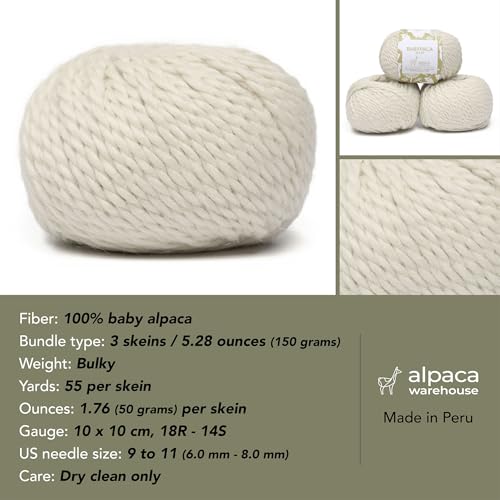 100% Baby Alpaca Yarn 3 Skeins 150g Bulky Weight Knitting Crochet A. White | Made in Peru with natural warmth and softness featuring 162yd of premium fiber ideal for scarves shawls sweaters and more - color: Alabaster White, size: Bulky - 3 Skeins