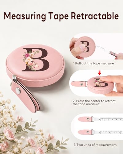 Maicican Retractable Tape Measure, Pink Leather Sewing Measuring Tape, B | with Initial A-Z, 60"/1.5m Soft Sewing Measuring Tape for Body Measurements, Portable Small Fabric Ruler - color: Tape Measure-Pink B