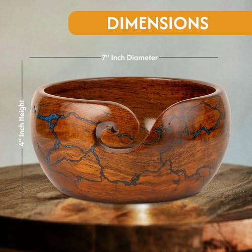 Wooden Yarn Bowl for Crocheting, 7x4 inch Large Rosewood Crochet Holder Gift Accessories and Knitting Gadgets Supplies Handcrafted with Fractal Wood Burning & Blue Resin Inlay ( Blue 7x4 ) - color: Blue