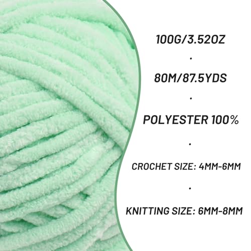 3 Pack Fluffy Chenille Yarn for Crocheting, Chunky Velvet Yarns for Crochet Amigurumi, Baby Yarn for Crocheting Soft Blanket, 262.4yds /10.5 oz Bulky Yarns for Crafts/Hats/Shoes/Socks (3 Mint Green) - color: 3 Mint Green