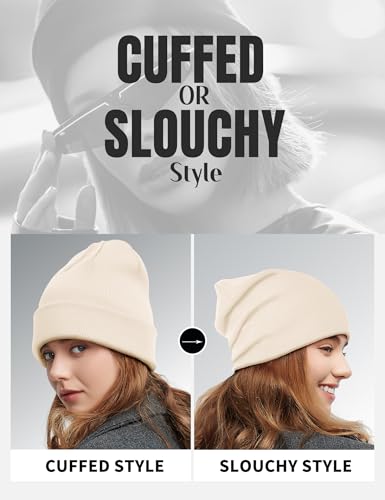 Fleece Lined Wool Beanie Hat Men Women, Warm Cuffed Winter Cap | 50% Wool Thermal Knit, Soft Velvet Fleece Liner, Long Style Full Ear Cover Warm Watch Cap, Tall Roomy Crown Skull Cap - color: Beige