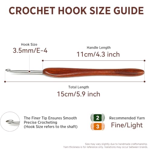 SEVENSUN Crochet Hook 3.5mm - Handmade Ergonomic Crochet Hook - Stainless Steel Wood Handle Crochet Hook - Dreadlock Crochet Hooks Needle Crochet Accessories Crochet Hooks for Arthritic Hands, Red - size: 3.5mm(Size E)
