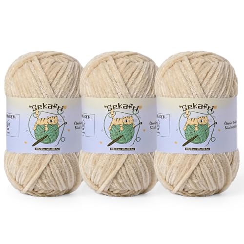 3 Pack of 300g (590yds) Fuzzy Chenille Yarn for Crocheting,Fluffy Amigurumi Crochet Yarn for DIY Craft/Hat/Clothes, Soft Velvet Baby Blanket Yarns（3 Beige） - color: 3 Beige