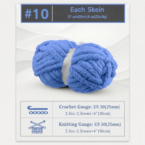 8 Pack Chunky Chenille Yarn for Hand Knitting, Glow in The Dark, Denim Blue | 8-pack jumbo chenille yarn with 1 glow-in-the-dark skein! Ultra-soft, fast to hand knit & perfect for DIY cozy gifts - color: Denim Blue