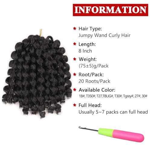 5 Packs Jamaican Bounce Crochet Hair 8 Inch Jumpy Wand Curl Crochet Hair for Women Curly Bounce Crochet Braids Hair Extension Twist Hair(1B# 20 strands/pack) - color: 1B#, size: 8 Inch (Pack of 5)