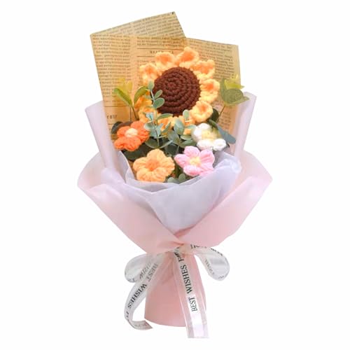 Crochet Flowers Bouquet, Handmade Knitted Bouquet, Crochet Bouquet Kit Knitted Fake Sunflower Daisy, Gift for Mother Wife on Birthday Anniversary (01Pink) - color: 01pink