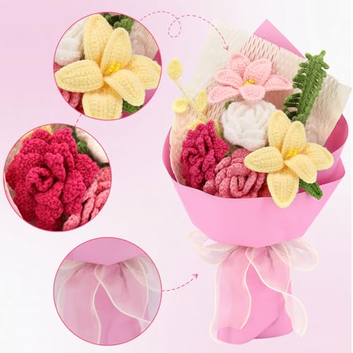 Handmade Crochet Flower Bouquet, Crochet Flowers, Knitted Flowers | Mixed Flowers, Crochet Bouquet, Artificial Flower Crochet Rose Tulip for Lover, Friend,family, Wedding Anniversary - color: Pink