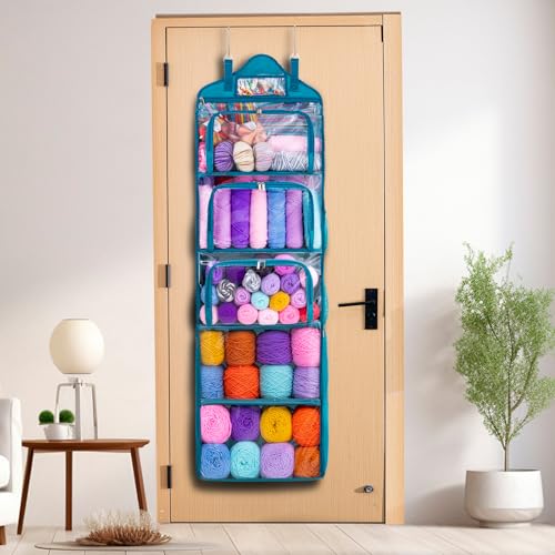 MYBAGZING Hanging Yarn Storage Organizer –Over-the-Door Crochet Organizer with Both Front and Side Zipper Closure -Large Capacity Clear Yarn Holder for Crochet Hooks, Knitting Needles & Accessories - color: Teal