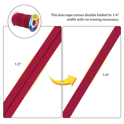 Mandala Crafts 55 Yds 1/4 Inch Burgundy Double Fold Bias Tape for Sewing | Machine Washable Binding Tape for Quilting, Hemming, Seams, Fabric Piping, All Fabrics & Denim, Indoor & Outdoor - color: Burgundy, size: 1/4 Inch 55 Yards