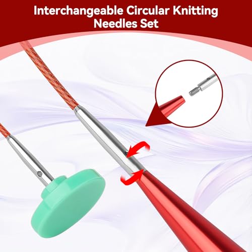 Interchangeable Knitting Needle Set with Circular Cable for Crafters, 13 Circular Knitting Needles with 4 Cables for Beginner, DIY Crafts, 3-10 mm Aluminum Red Needle Set