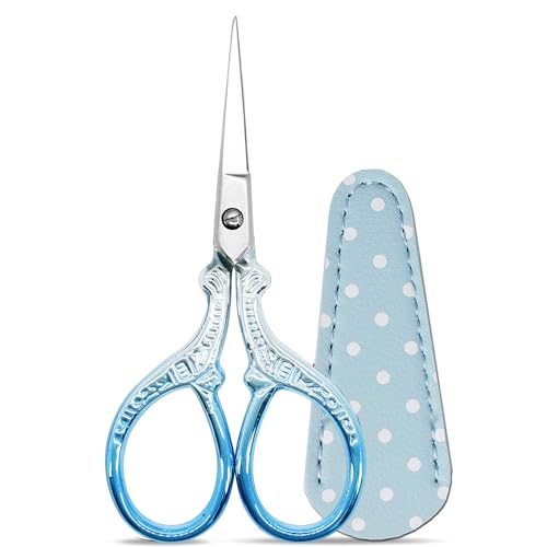 Small Sewing Scissors 3.6Inch Scissors with Leather Scissor Cover | Embroidery Scissors Stainless Steel Sharp Dressmaker Shears Scissor for Needlework DIY Craft Thread Cutting Multi Purpose - color: Silver Blue