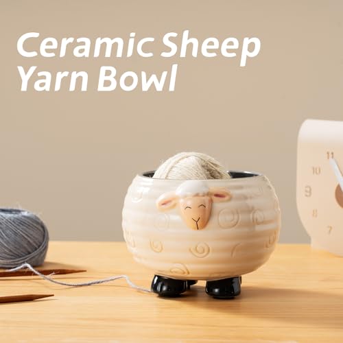 Yarn Bowl for Crochet Large Sheep Shaped Ceramic Yarn Holder Crochet Bowl Knitting Bowl, 6 Inch Wide x 4 Inch High - color: White 086