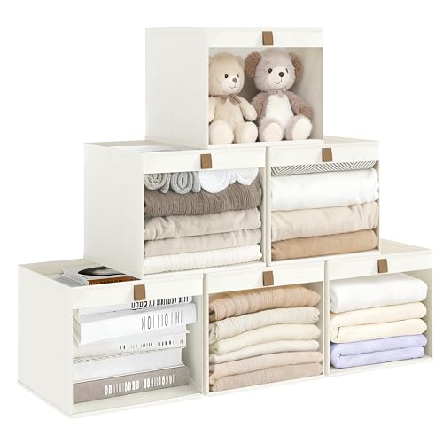 Linen Closet Organizers and Storage, Closet Storage Bins Basket Organizer, Foldable Organization Baskets with Mesh Window for Clothes Towels and Toys, 11" x 11" x 11", Beige, 6 pack - color: Beige-6Pack, size: 11"L x 11"W x 11"H