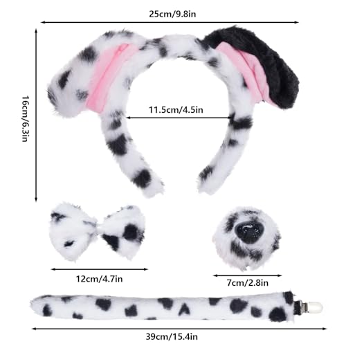 Jmkcoz 4 Pcs Dalmatian Dog Costume Set Puppy Dog Ears Headband and Tail Nose Bow Tie for 100 Days of School Halloween Cosplay - color: White & Black