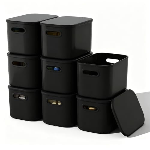 ORGIDOL 8 Pack Black Storage Bins with Lids Stackable Storage Container for Organizing, Black Storage Boxes with Handle for Shelves, Cute Organizer Bins for Craft, Snacks, 9.85x6.9x5.7 inch - color: Black, size: 8 Pack