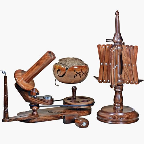 DnU Avenue Wooden Yarn Ball Winder Set with Yarn Swift and Bowl – Handcrafted Wood Wool Winder for Knitting Crochet – Premium Manual Yarn Winder for Home Use – Brown - color: Winder, Swift & Bowl