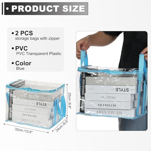 PATIKIL 12.6x9.5x9.8in Clear Storage Bags, 2PCS Plastic Storage Bags Clear Small Zippered Organizers Foldable Closet Bed Sheet Organizer Cube with Zipper for Book Clothes Yarn,M, Blue - color: Blue, size: M