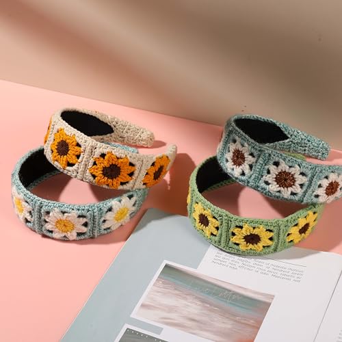 Crochet Headband for Women, Handmade Sunflower & Checkered Hair Accessories, Stretchable Boho Hair Band (Coffee-Yellow, Checkered) - color: Coffee-Yellow
