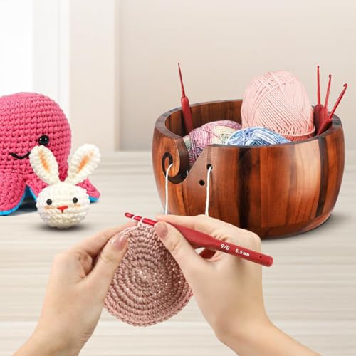 Wooden Yarn Bowl Holder, Craft Knitting Bowl with 9pcs Silicone Crochet Hooks and Crochet Ring, 6 Inch Yarn Storage Crochet Bowl Set Gift for Knitters Women Mother Grandma