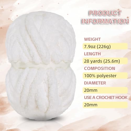 8 Pack Chunky Chenille Yarn for Crocheting,Super Bulky Large Soft Thick Fluffy Plush Fuzzy Yarn for Hand Knitting Blanket (White) - color: white