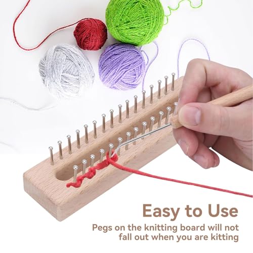 Beufee Wooden Knitting Loom, with Elbow Crochet Hook, Rectangular HandWeaving Machine Knitting Board 32 Pegs for Scarf Sweater Shawl Hat Craft