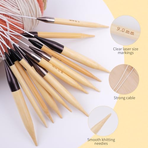 WAZAIGUR 32inch/81cm Bamboo Circular Knitting Needles Set, 3mm- 10mm | Include Many Knitting Accessories, 13 Sizes, With Case, Ideal Beginners Knitting needle Kit for Various Knitting Projects