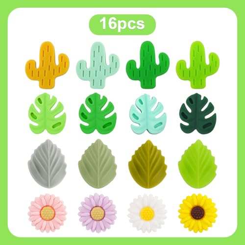16pcs Knitting Needle Stoppers, Silicone Needle Point Protectors Daisy Leaf Cactus Monstera Silicone Focal Beads Knitting Supplies Accessories for Crafts Necklace Bracelet