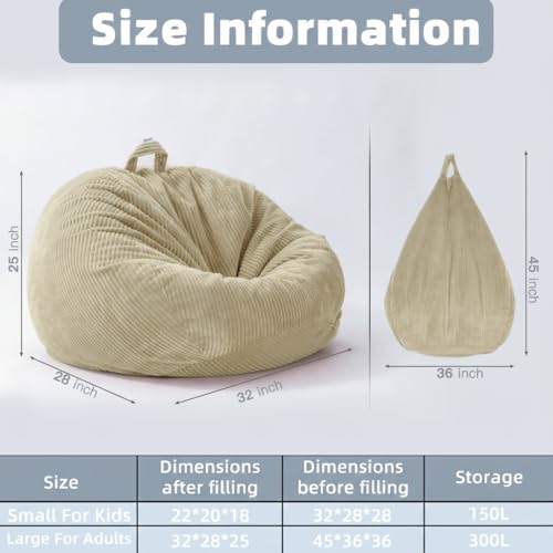 ZhenLives Stuffed Animal Storage Bean Bag Chair Cover, Cover Only (No Filler), Corduroy Toy Organizer Floor Cushion Seat, 48 in/120 cm Slipcover for Teens & Adults, White - color: Ivory White, size: Adult (Cover Only）