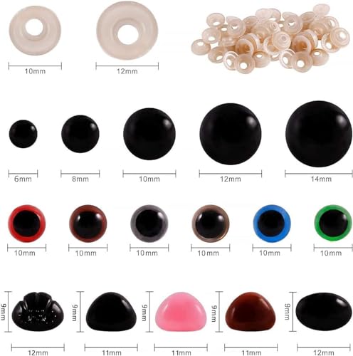 600PCS Crochet Safety Eyes and Noses for Amigurumi, 6–14mm with Washers | matching locking washers smooth ABS posts easy installation crochet animals / plush toys / dolls / teddy bears - size: 600 pcs