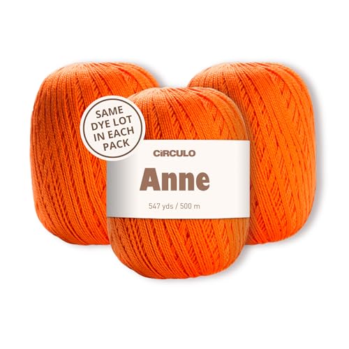 CIRCULO Anne Yarn Pack, 1641 yds for Knitting & Crochet, 3 Balls of 100% Mercerized Brazilian Virgin Cotton, Soft Fingering Weight, Color 4545 Tangerine - color: Orange (4545 - Tangerine), style: 3-Pack