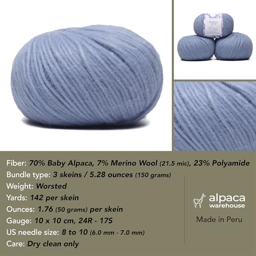 Baby Alpaca Merino Yarn 3 Skeins 150g Worsted Weight Knitting Soft Blue | Pullu baby alpaca merino blend made in Peru 3 skeins 150g 426yd total for knitting and crochet sweaters scarves and hats - color: Soft Blue