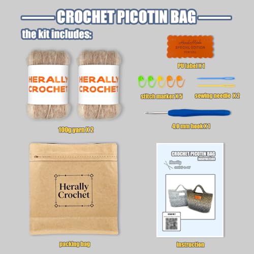 Herally Crochet Kit DIY Bag for Beginners - Crochet Picotin Bag (Cream) | Include Yarn, Hook and Accessory - with Step by Step Video Tutorials - color: Off-white