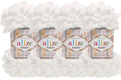 4 skn/Ball Alize Puffy Baby Big Loop Blanket Yarn 100% Micropolyester Soft Yarn 400gr 39.3 yds (55-White) - color: 55-White