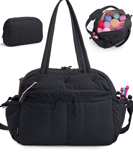 MYBAGZING Stylish Crochet Bag Organizer with Crochet Hook Case, Large Capacity Yarn Bag for Crocheting on the Go, Soft Quilted Crochet Tote with 7 Compartments, Knitting Project Carry-On Travel Gift - color: Black