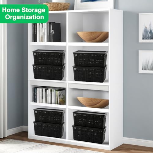 6 Pack Plastic Storage Baskets with Lid,Black Stackable Bins | Durable Woven Plastic With handle Breathable,Save space ,For Organizing Desktops, Closets, Playrooms, Classrooms, Offices - color: Black