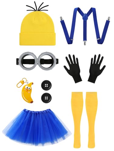 ZIW Yellow Cartoon Character Costume Set Adult Women Funny Halloween Outfit | Easy Halloween Costumes with Beanie Goggles Gloves Banana Keychain Animated Dress Up Cosplay Kit - color: Yellow for Women