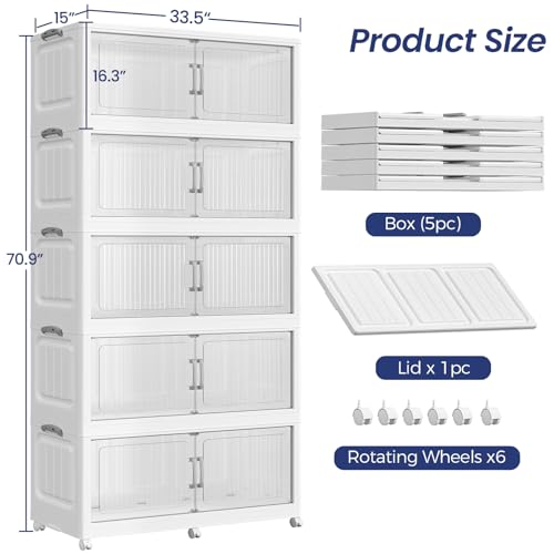 250Gal Extra Large Stackable Storage Bins with Lid, 1000QT Foldable Collapsible Storage Box with Doors & Wheels, Plastic Organizer for Bedroom Kitchen Garage Dorm, 5Pack - size: 50Gal-5Pack