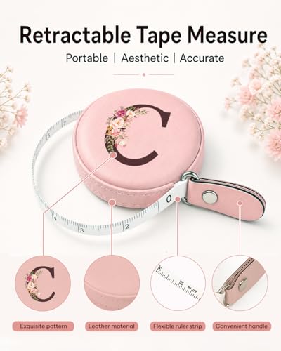 Maicican Retractable Tape Measure, Pink Leather Sewing Measuring Tape, C | with Initial A-Z, 60"/1.5m Soft Sewing Measuring Tape for Body Measurements, Portable Small Fabric Ruler - color: Tape Measure-Pink C