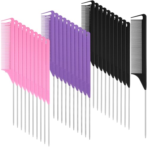 Patelai 30 Pcs Rat Tail Steel Combs Fine Tooth Bulk,Black, Pink, Purple | Long Steel Pin Pintail Bulk for Salon Hair Stylists ,Hair Teasing Fine Tooth Comb for Women,Teasing Detangling Tools - color: Black, Pink, Purple