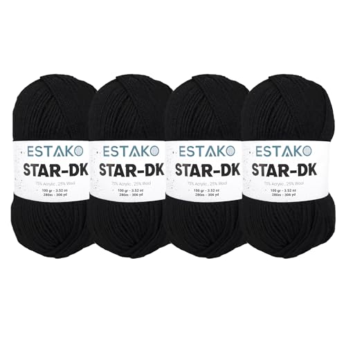 Estako Star-DK Soft Yarn for Crocheting, DK Weight 3, 4-Pack, Black | 75% acrylic 25% wool, 4 skeins, 400 g, 1224 yds, amigurumi, granny squares, socks, beanies, mittens, plush toys - color: 30978 - Black, size: Pack of Four
