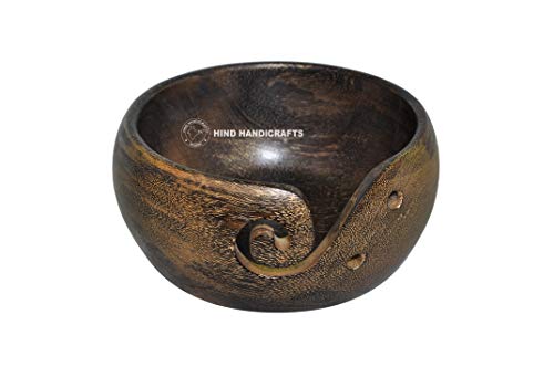 Premium Solid Dark Handmade Crafted Wooden Portable Antique Yarn Storage Bowl - Holder for Knitting Crochet Hook Accessories (6" x 6" x 3", Antique Golden) - color: Antique Golden, size: 6" x 6" x 3"