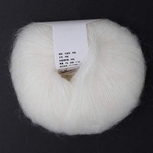 Soft Thin Wool Yarn, Angora Mohair Yarn for Knitting and Crocheting, Long Fiber Craft Thread for DIY Scarf Projects (White)