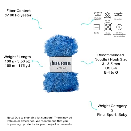 Eyelash Fun Fur Yarn for Crochet, Knitting & Crafts, Blue, 2-Pack | 100% Polyester, 100 g (3.53 oz), 175 yd (160 m), Ideal for Amigurumi, Graduation Leis, Bags, Rugs, Scarves & Plush Toys - color: Blue, size: 2 Pack