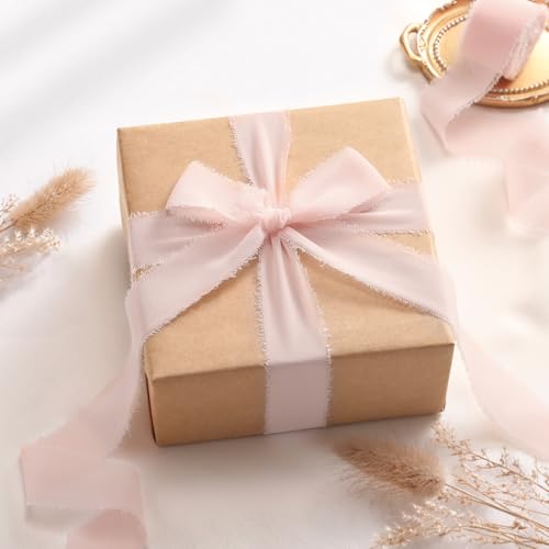 DORIS HOME Handmade Frayed Fringe Chiffon Ribbon 1" x 21Yd Pink | Fabric Ribbon, For Flower Bouquet/Gift Wrapping/Wedding Invitations/Party Decorations - color: Pink