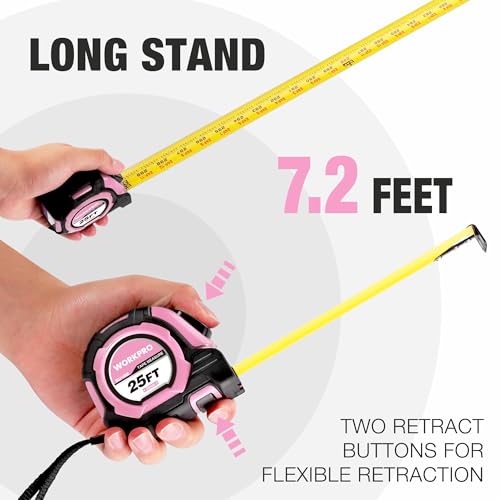WORKPRO Pink Auto-Lock Tape Measure, 25FT 1/8 Fractions Measuring Tape | Double Retract Measurement Tape Accuracy 1/32 for Engineer,with Magnetic Hook, Rubber Protective Casing - Pink Ribbon - color: Pink, size: 25FT