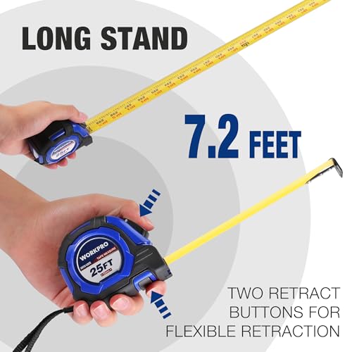 WORKPRO 25FT Auto-Lock Tape Measure, 1/8 Fractions Measuring Tape | Double Retract Easy Read Measurement Tape Accuracy 1/32 for Engineer,with Magnetic Hook, Rubber Protective Casing - color: Blue, size: 7.6 m